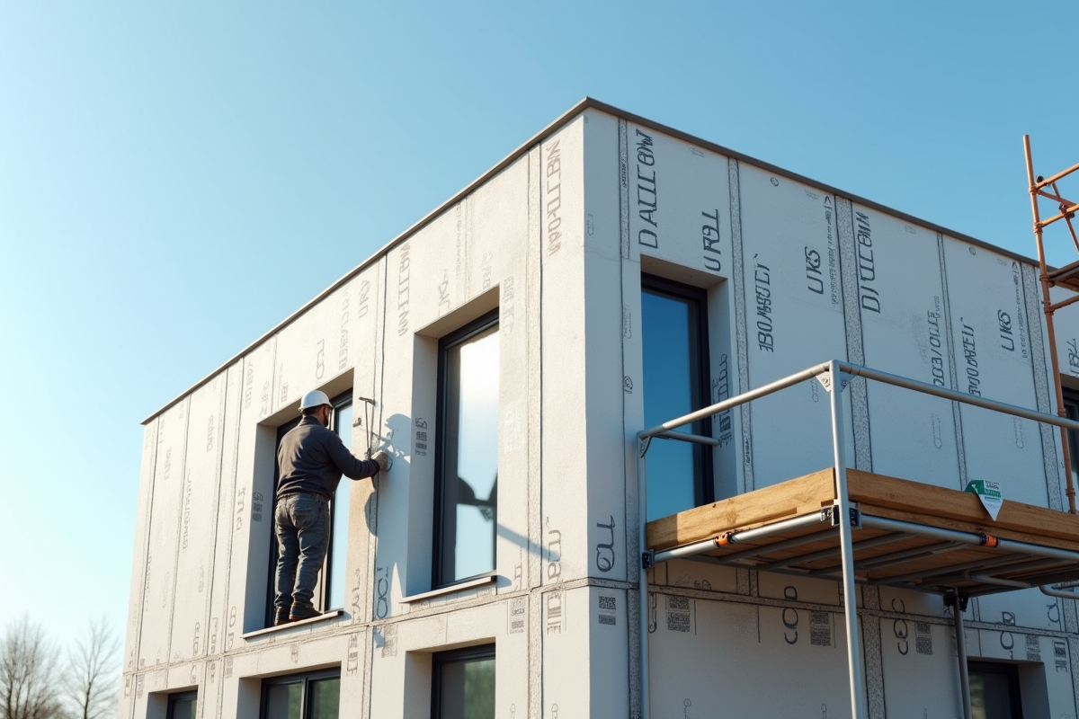 Maison moderne en cours d'isolation thermique avec ouvrier