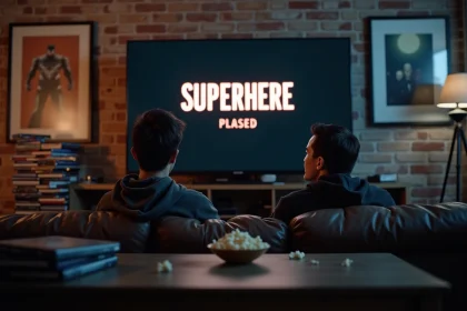 Jeune homme passionné regardant une saga de films Batman sur son canapé entouré de Blu-ray