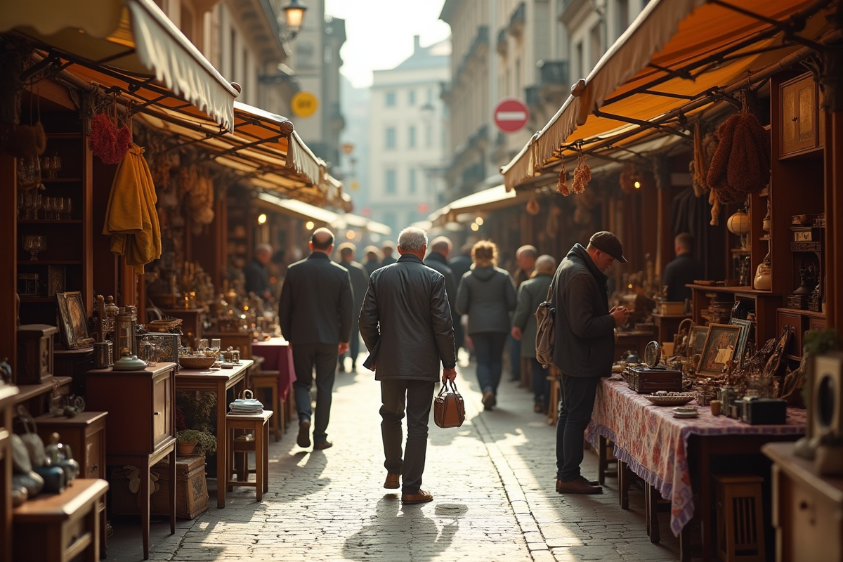Marché aux puces vintage avec foule et objets anciens