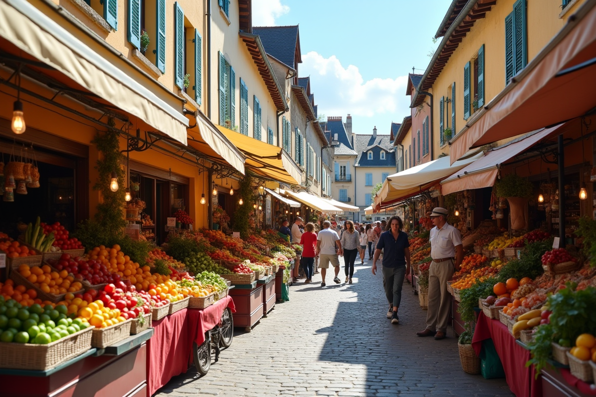 Marché français coloré dans une petite ville ensoleillée
