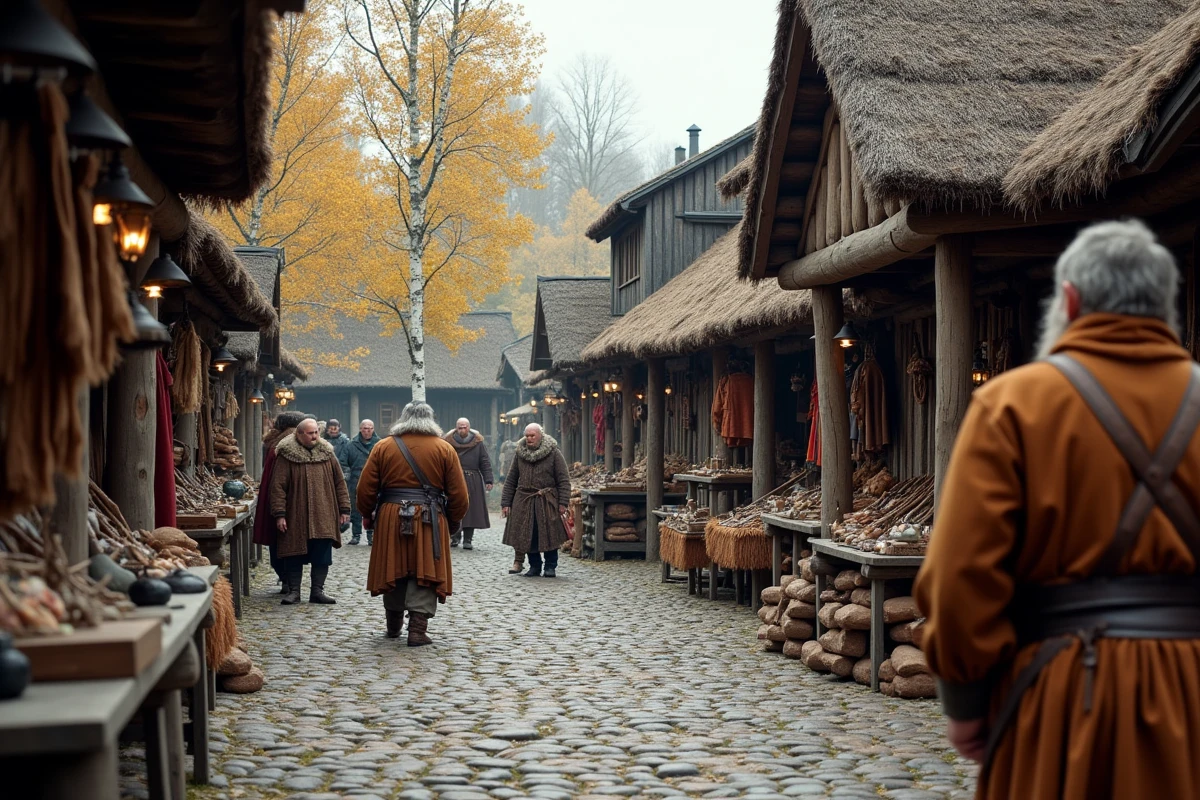 Marché viking historique reconstitué à Uppsala avec artisans et étals de produits traditionnels scandinaves