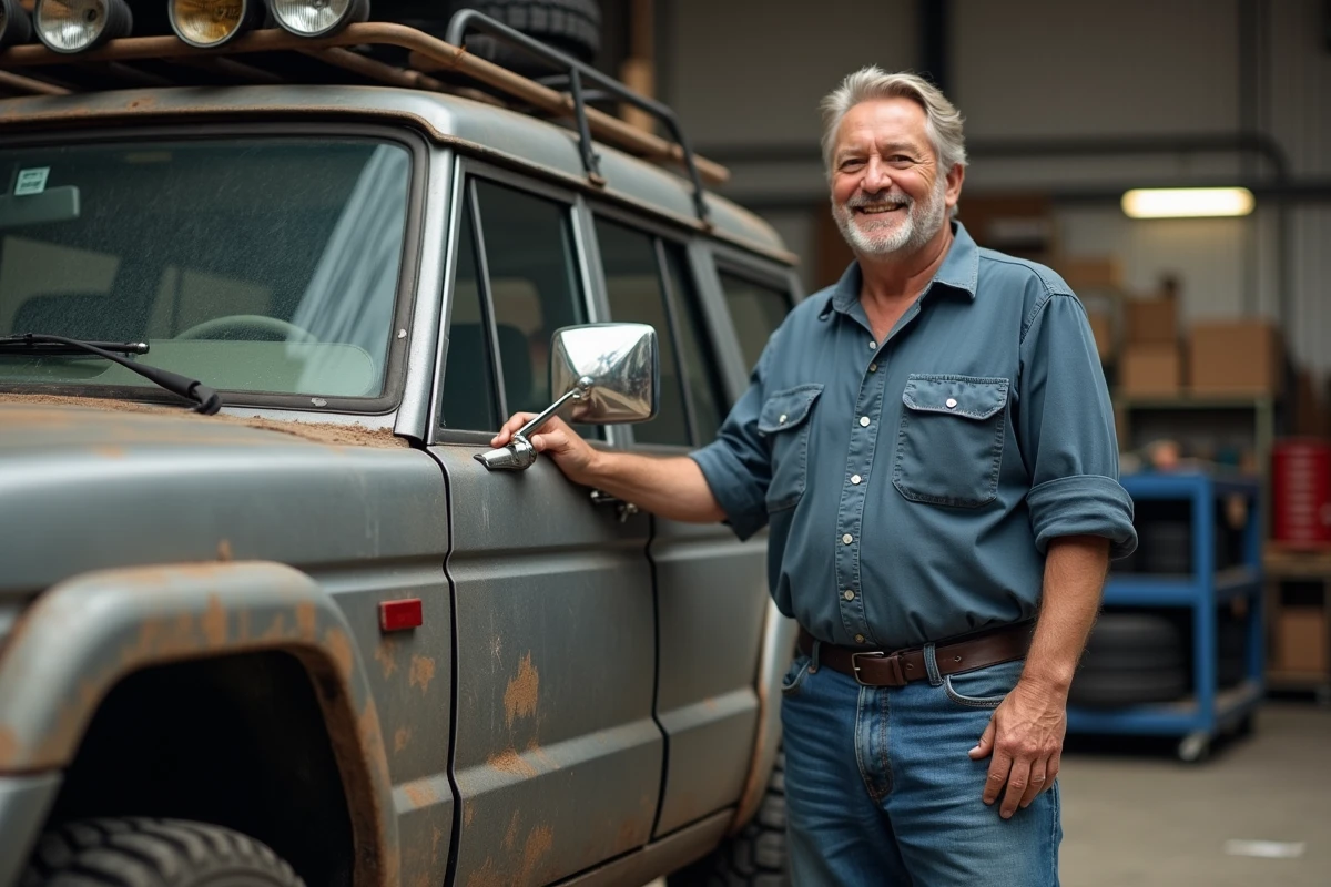 Mécanicien auto debout à côté d'un SUV usé en extérieur