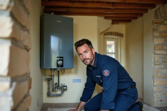 Chauffagiste professionnel inspectant une chaudière murale dans une maison normande typique, représentant les meilleurs chauffagistes en Normandie