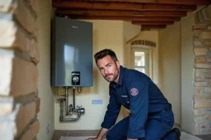 Chauffagiste professionnel inspectant une chaudière murale dans une maison normande typique, représentant les meilleurs chauffagistes en Normandie