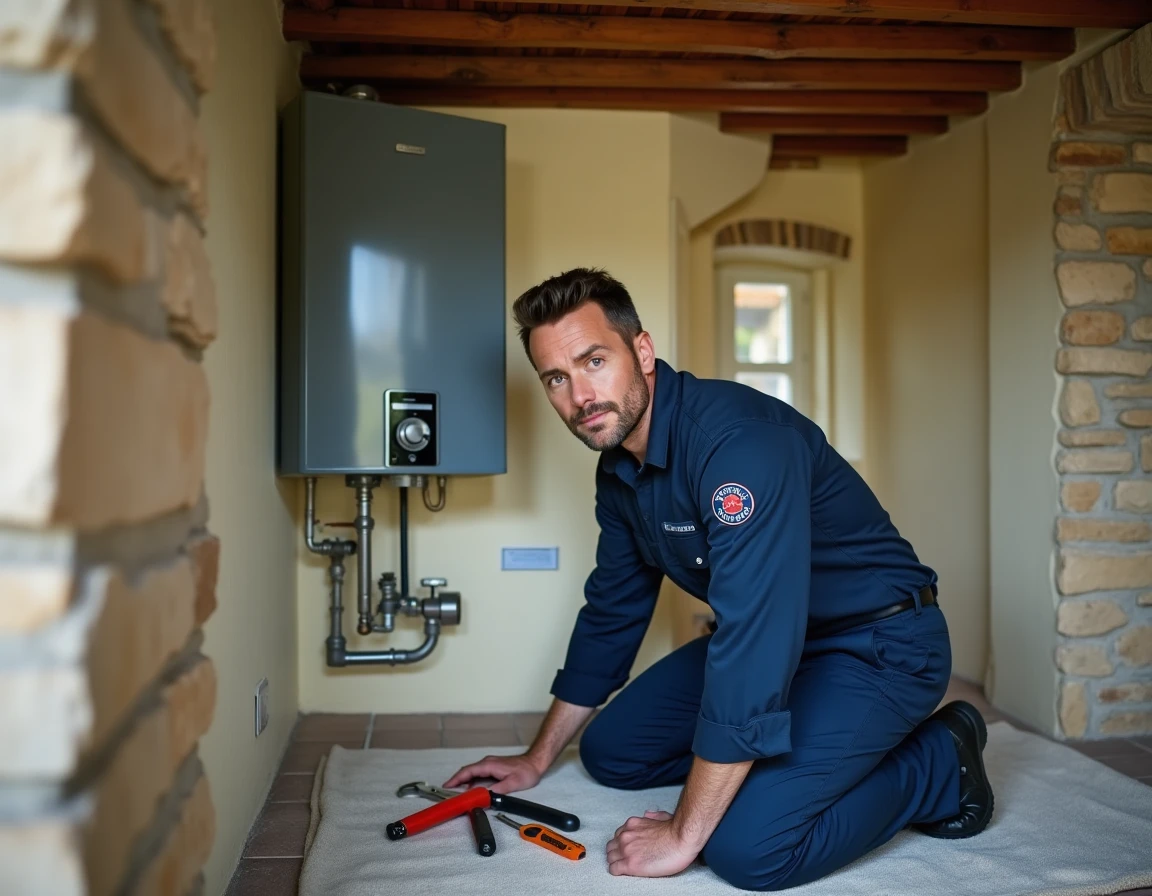 Chauffagiste professionnel inspectant une chaudière murale dans une maison normande typique, représentant les meilleurs chauffagistes en Normandie