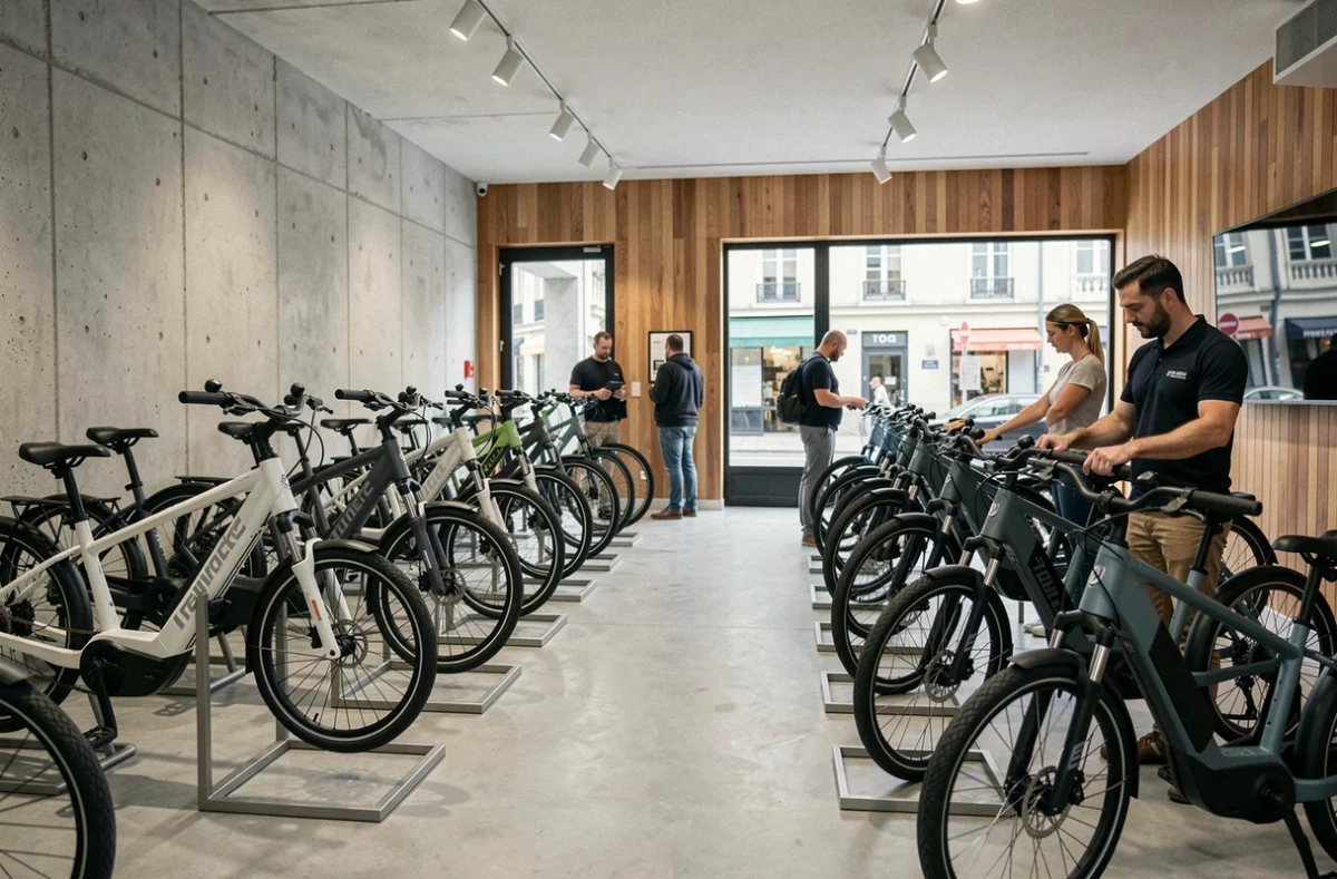 Vue panoramique d'un magasin de vélos électriques dans les Pays de la Loire avec plusieurs modèles exposés et des clients en train de les découvrir