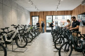 Vue panoramique d'un magasin de vélos électriques dans les Pays de la Loire avec plusieurs modèles exposés et des clients en train de les découvrir