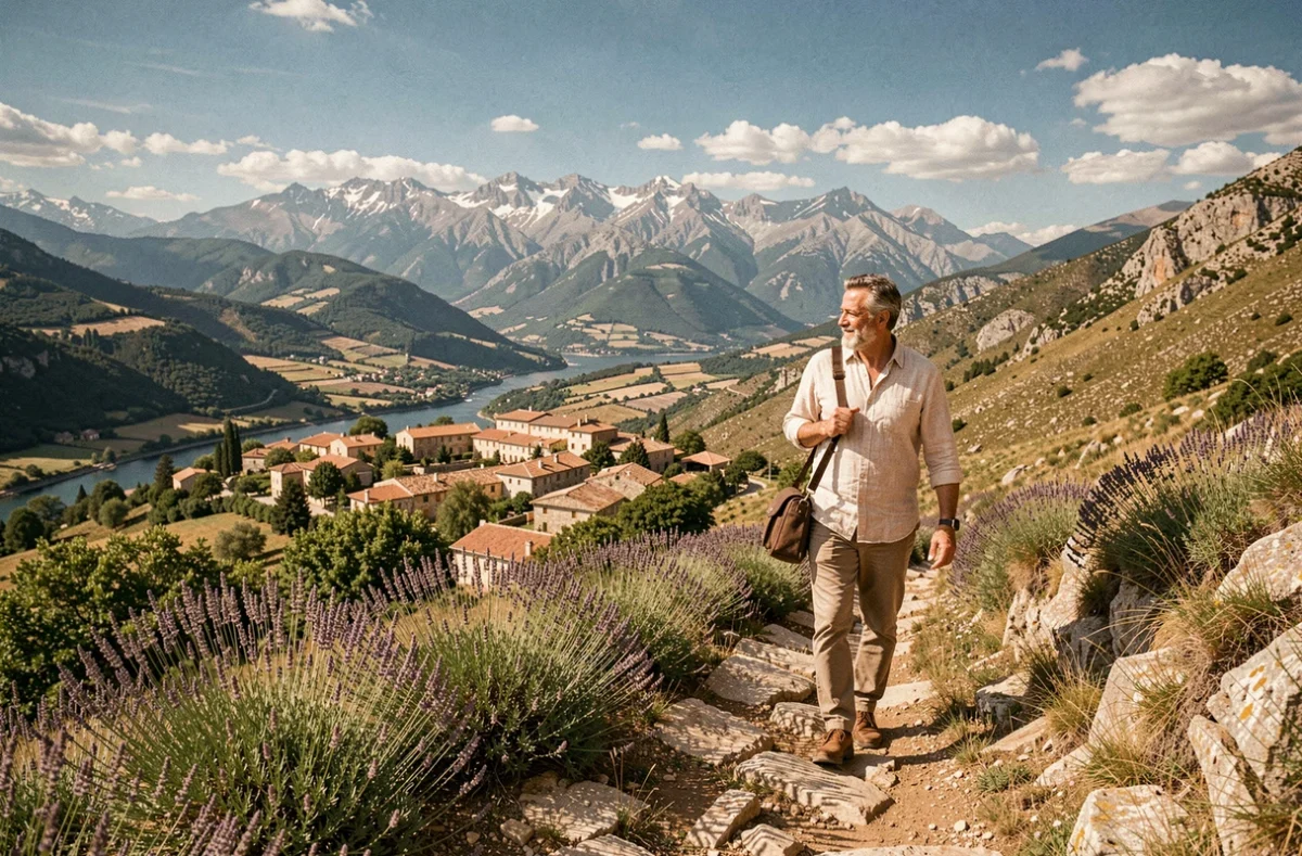 Photographe professionnel marchant dans les Pyrénées-Orientales avec vue sur les villages catalans et les sommets enneigés