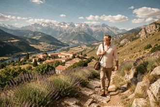 Photographe professionnel marchant dans les Pyrénées-Orientales avec vue sur les villages catalans et les sommets enneigés