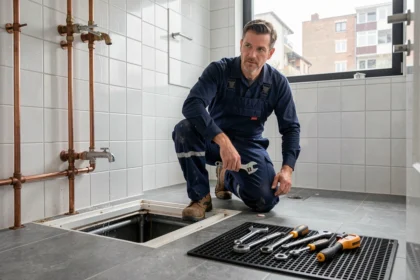 Plombier professionnel à Brest travaillant sur des canalisations en cuivre dans une salle de bain moderne, représentant le classement des meilleurs plombiers de la ville