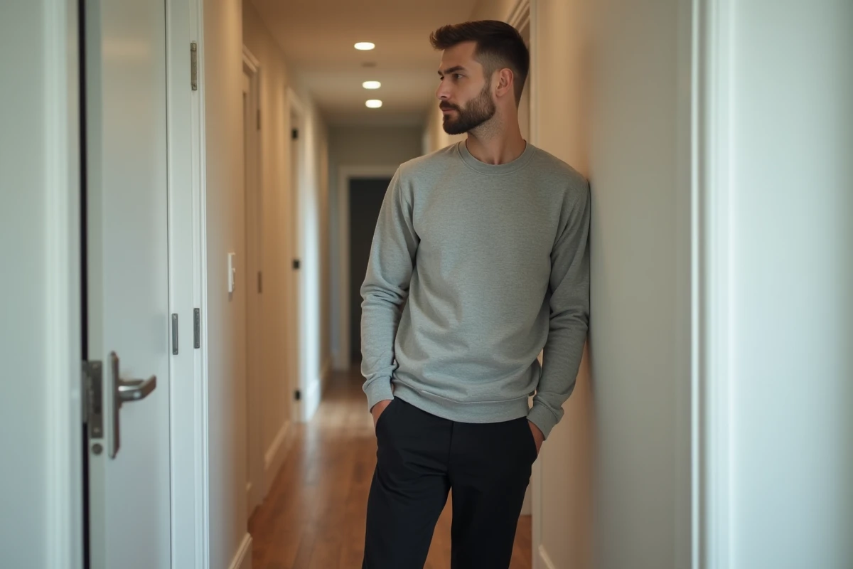 Homme de grande taille debout près d'un encadrement de porte mesurant sa hauteur dans un appartement moderne