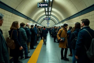 Quai du métro parisien ligne 7 bondé de voyageurs le soir avec signalétique et carrelage typique