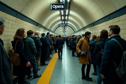 Quai du métro parisien ligne 7 bondé de voyageurs le soir avec signalétique et carrelage typique