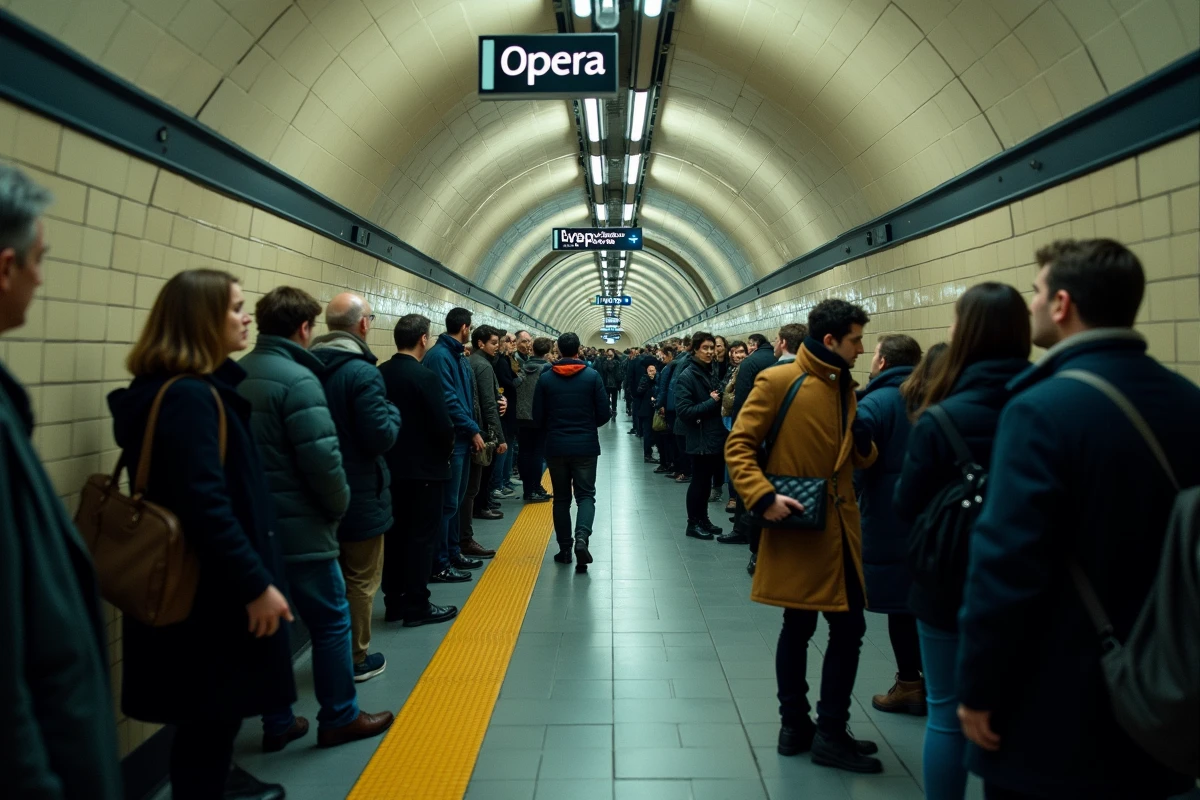 Quai du métro parisien ligne 7 bondé de voyageurs le soir avec signalétique et carrelage typique