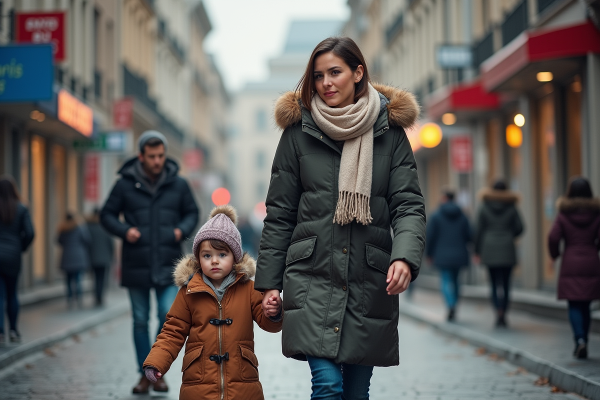 Mère et fille marchant main dans la main dans une rue urbaine animée