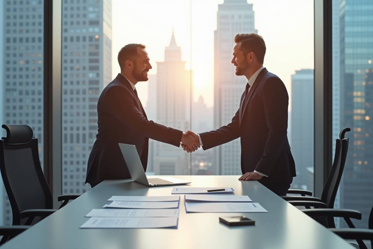 Deux professionnels se serrant la main dans un bureau moderne