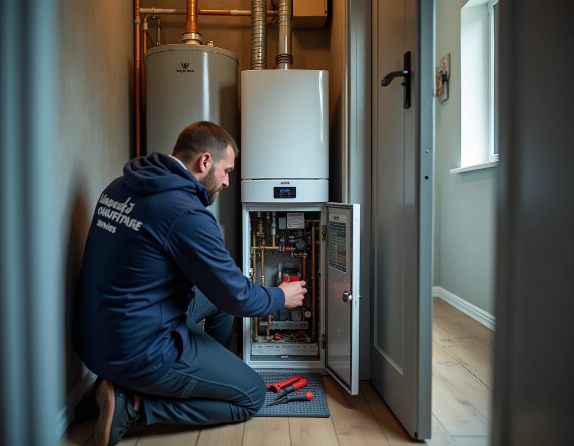 Technicien de Normandie Chauffage Services effectuant l'entretien annuel d'une chaudière dans le placard technique d'un appartement normand