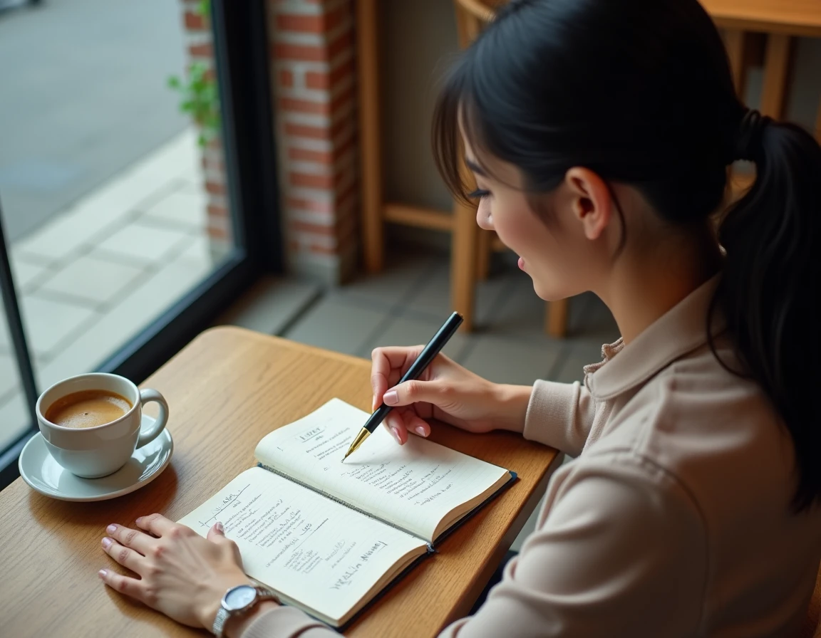 Femme prenant des notes sur la conversion miles en km dans un carnet dans un café
