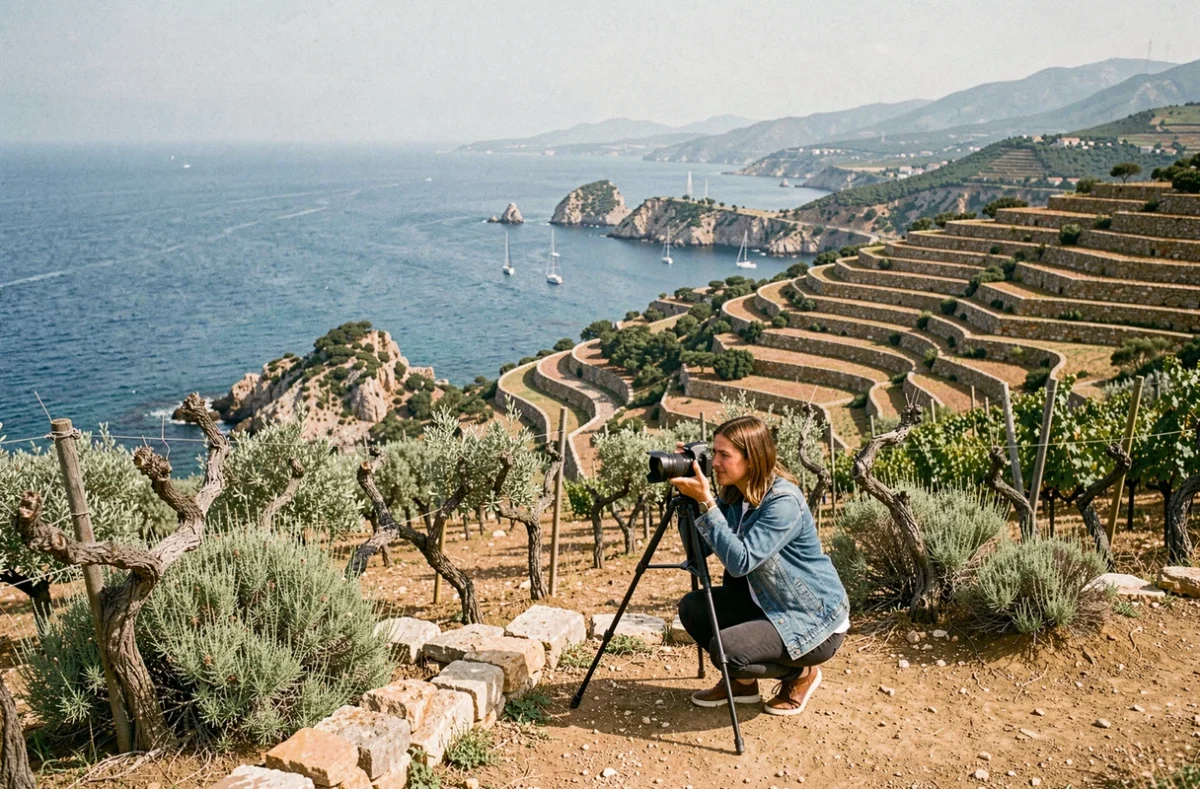 Photographe Objectif 66 Photographie cadrée devant les vignobles en terrasses et la Côte Vermeille près de Banyuls-sur-Mer