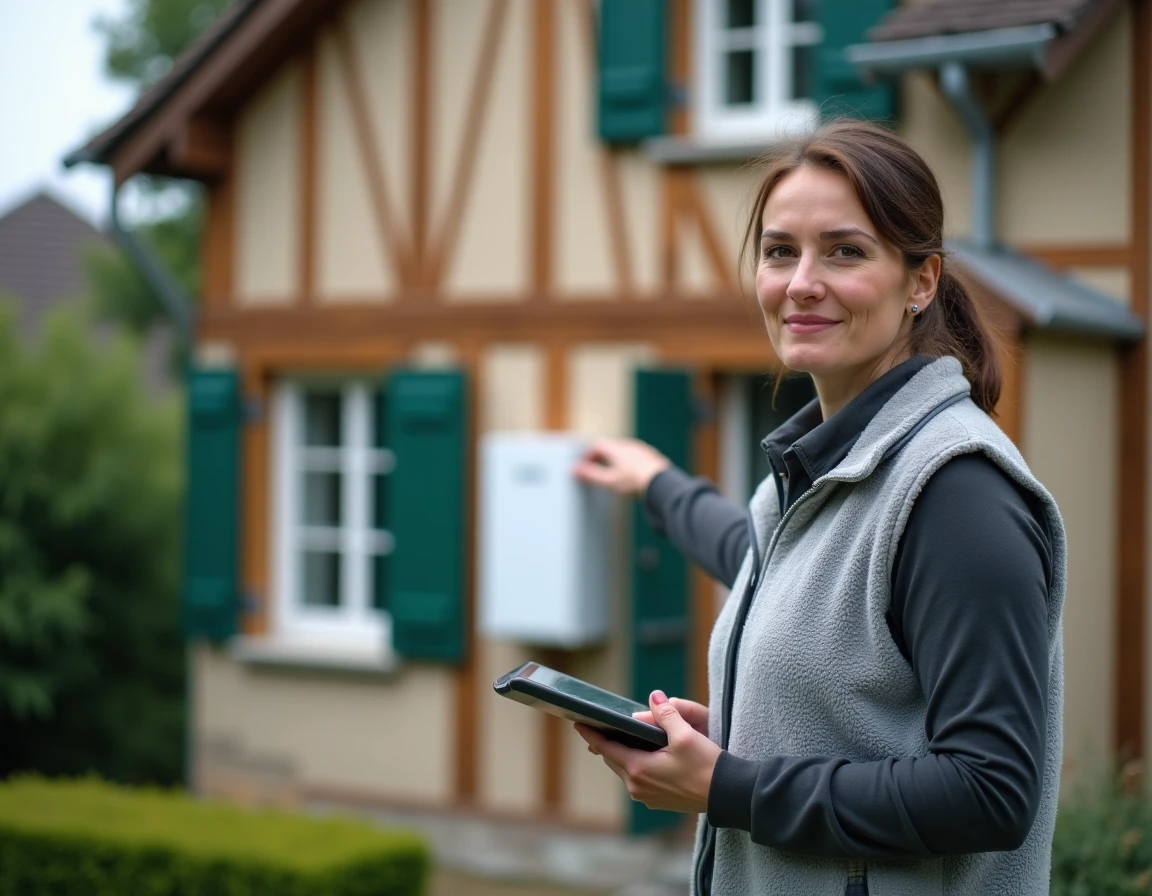 Consultante en énergie d'Optimisation Habitat Energie OHE devant une maison normande à colombages avec une pompe à chaleur installée en façade