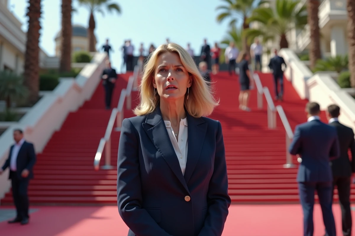 Organisatrice de festival parlant calmement devant le Palais des Festivals