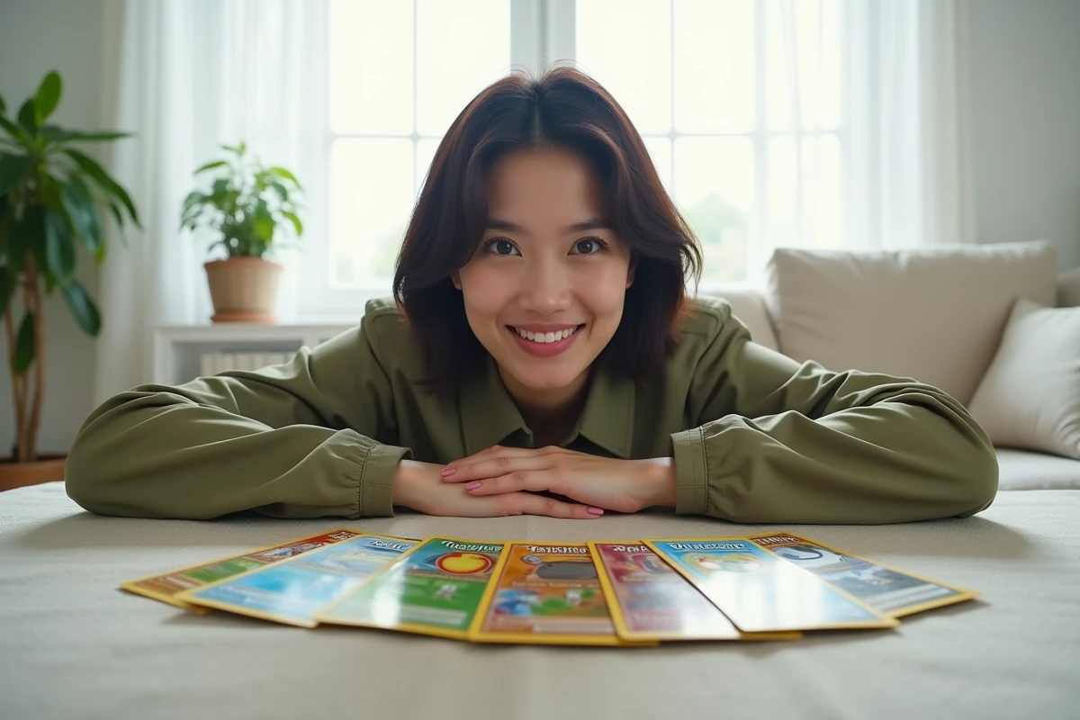 Femme découvrant les cartes d'un booster Pokémon Aventures Ensemble étalées sur une table dans un intérieur moderne