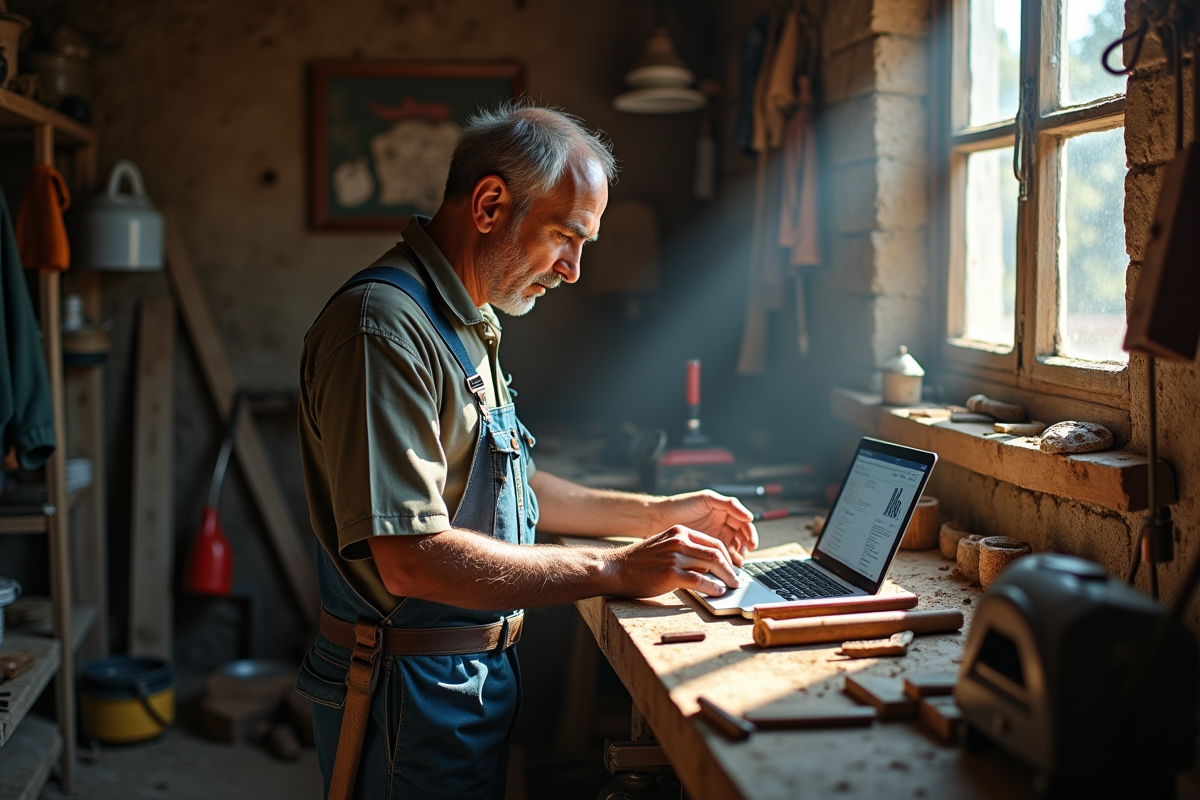 Ouvrier rural avec outils traditionnels et appareils numériques