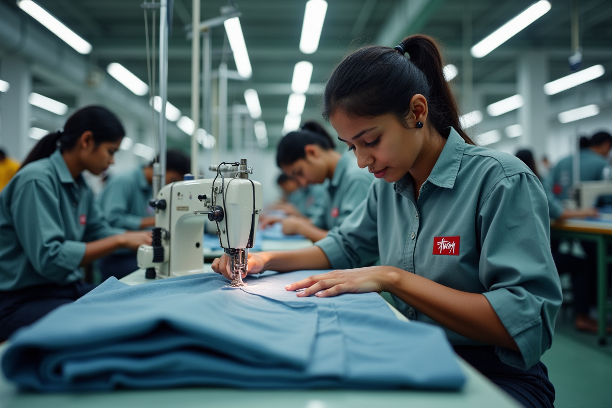 Ouvriers indiens cousant des vêtements Stussy dans une usine moderne