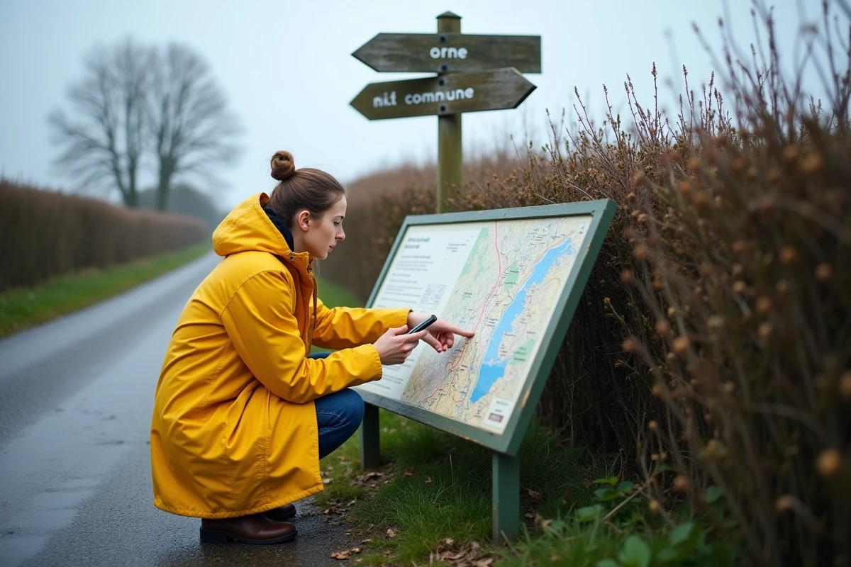 Jeune femme consultant un panneau de carte topographique des communes du département 61 en campagne normande