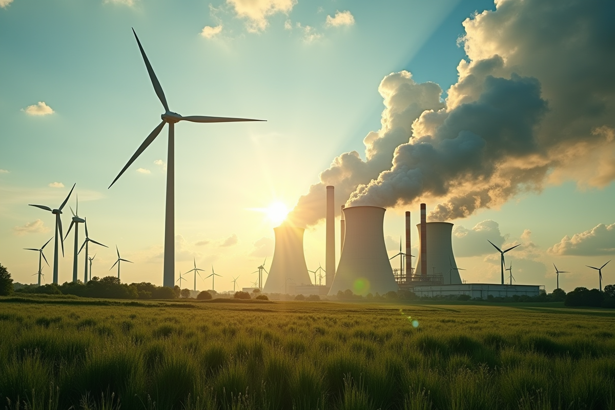 Parc éolien face à une usine polluante en plein jour