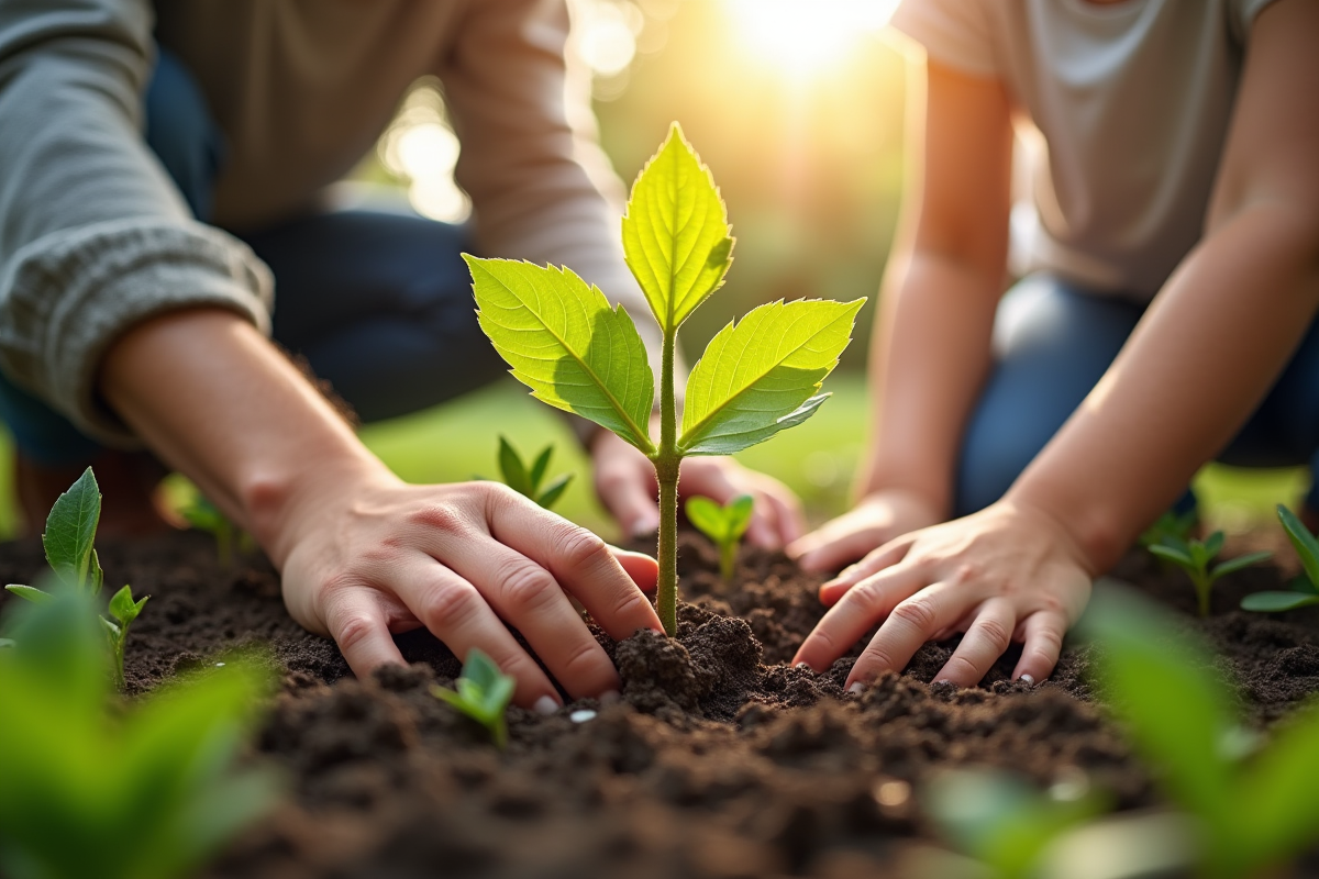 Parent et enfant plantant un arbre dans un jardin ensoleille