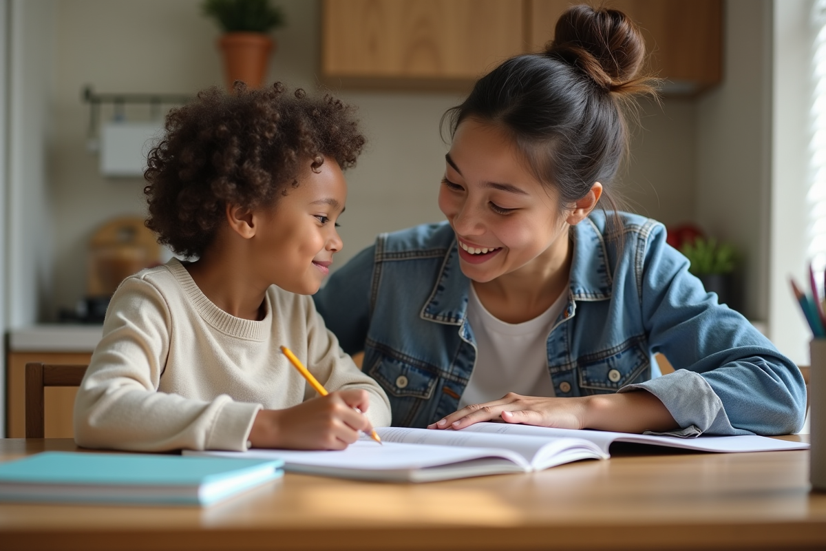 Parent soutenant son enfant à la maison lors des devoirs