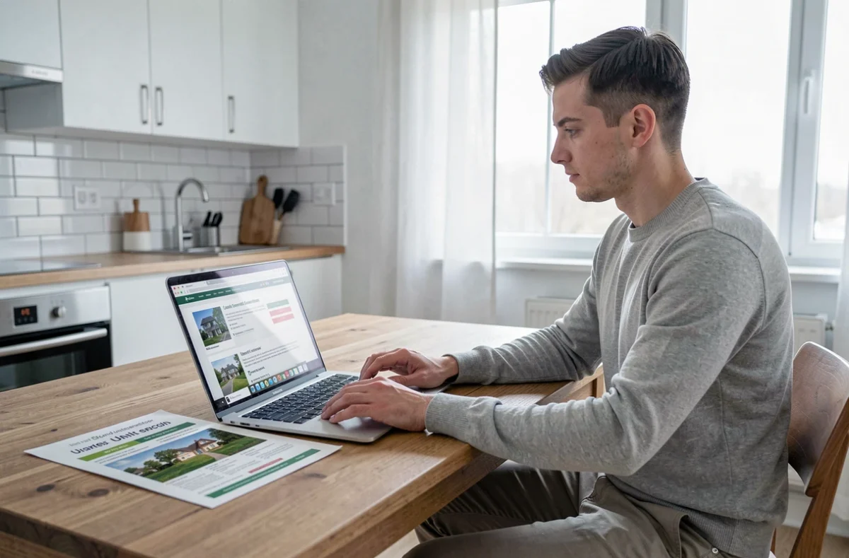 Particulier utilisant un convertisseur en ligne de m² en hectares sur ordinateur portable à la maison