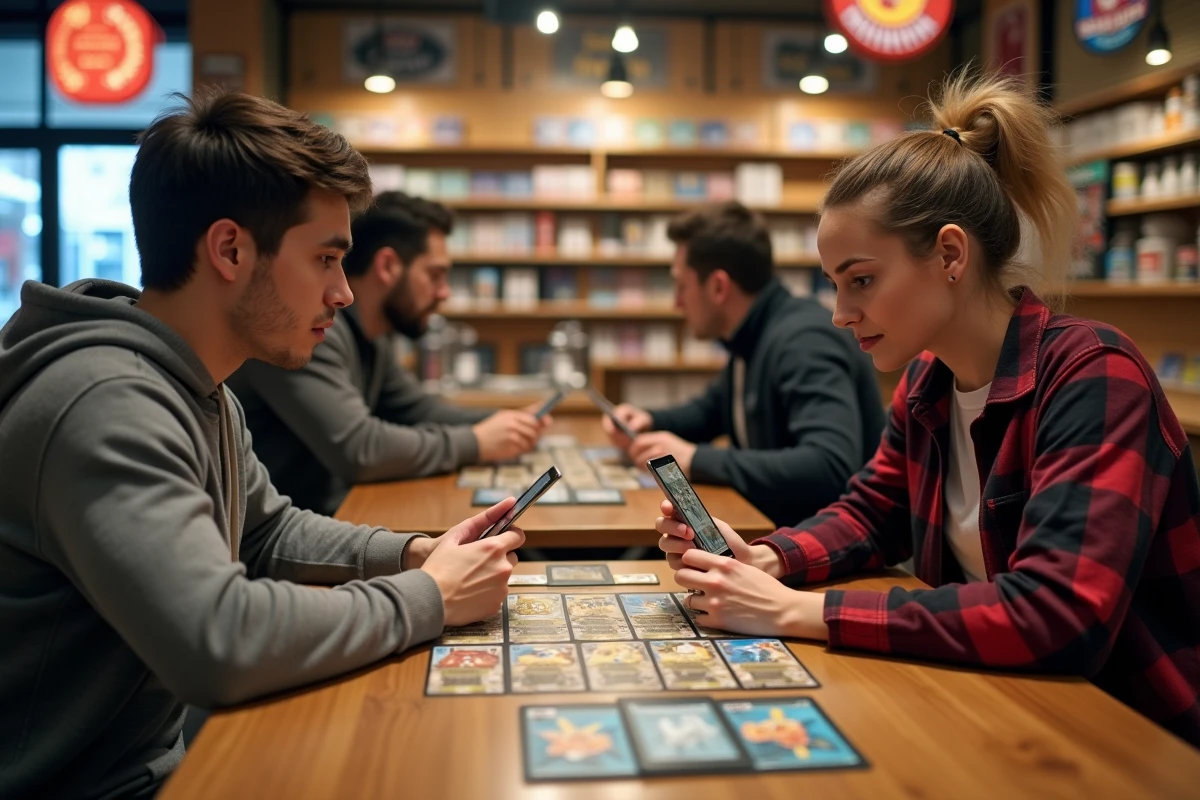 Deux joueurs adultes s'affrontent lors d'une partie de jeu de cartes Pokémon Aventures Ensemble dans un magasin spécialisé