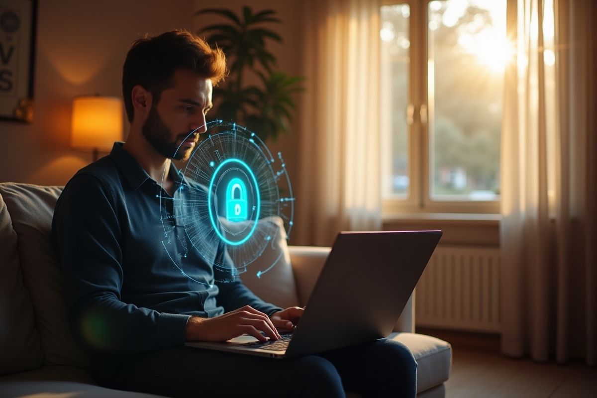 Personne utilisant un ordinateur avec symbole de securite