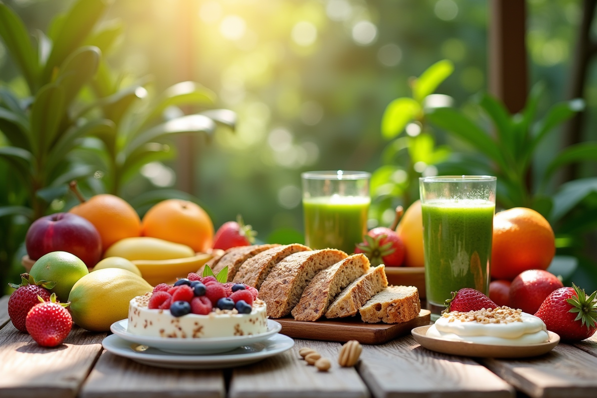 Table de petit déjeuner en plein air avec fruits frais et smoothies