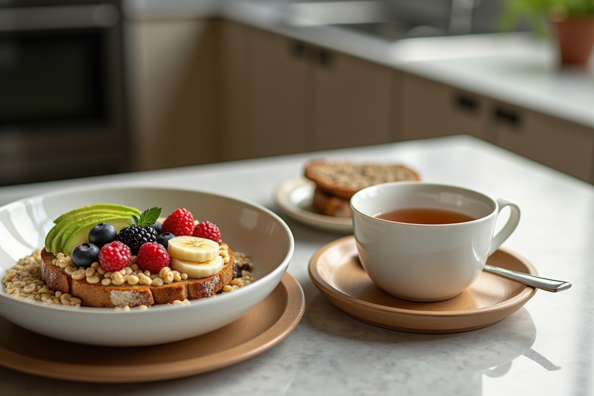 Petit déjeuner intérieur avec avoine et toast à l