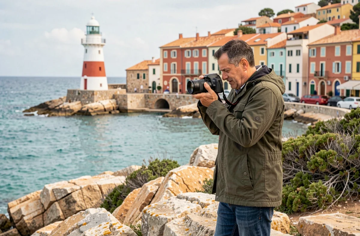 Photographe Photo John examinant ses clichés sur un rocher côtier près de Collioure avec le port méditerranéen en arrière-plan