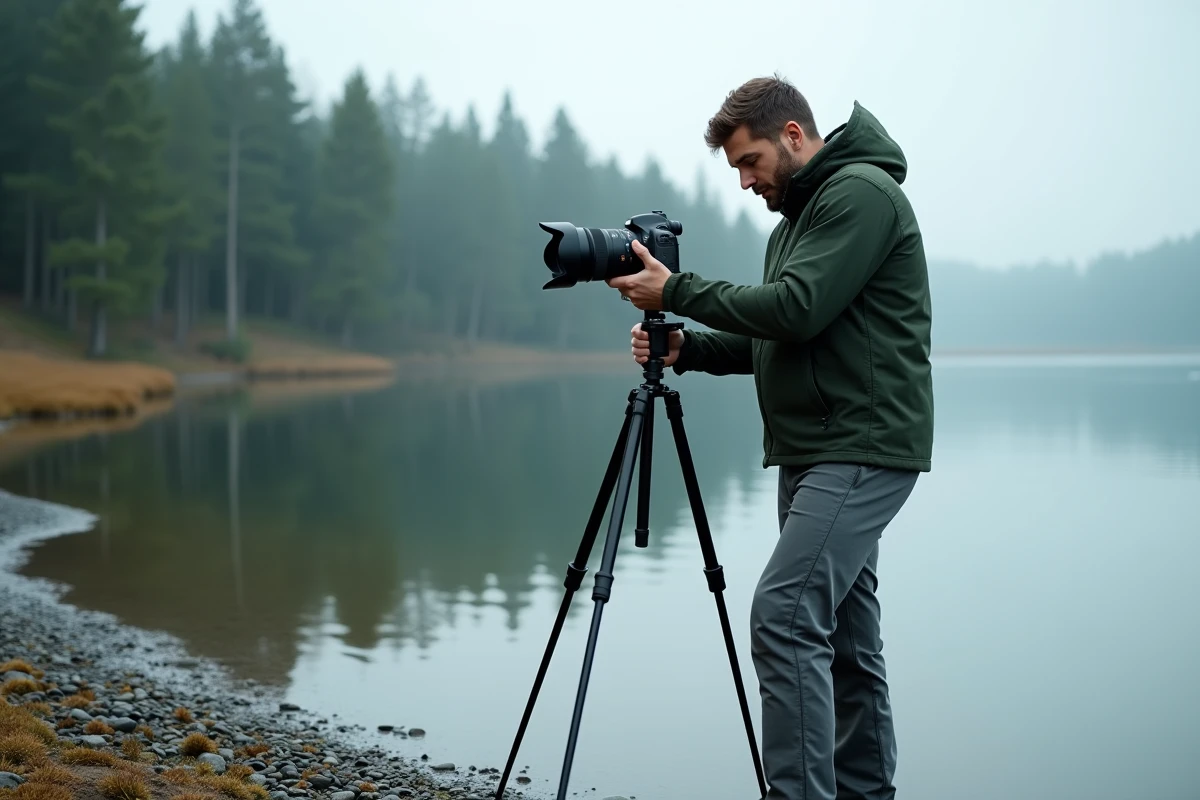 Homme photographe débutant réglant son appareil photo sur trépied au bord d'un lac calme en forêt avec reflets dans l'eau