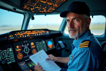 Pilote masculin en uniforme dans le cockpit moderne