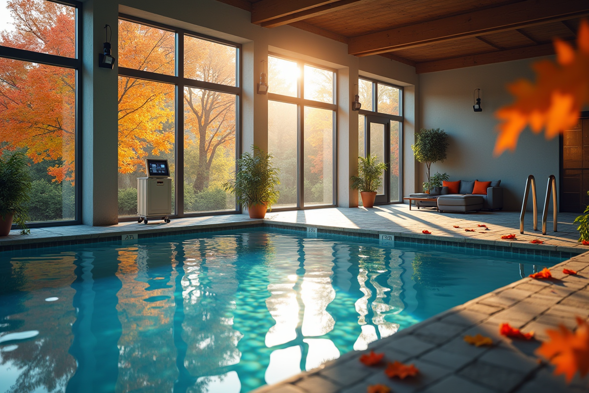 Piscine intérieure en automne avec technicien testant l