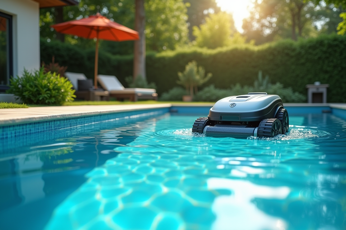 Piscine moderne dans un jardin vert en été avec robot de nettoyage