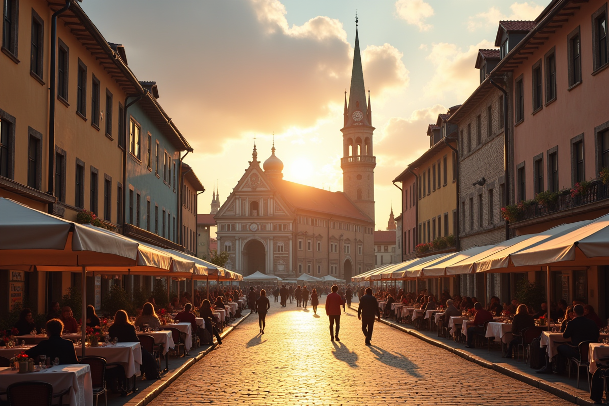 Place historique européenne au lever du soleil avec touristes et cafés