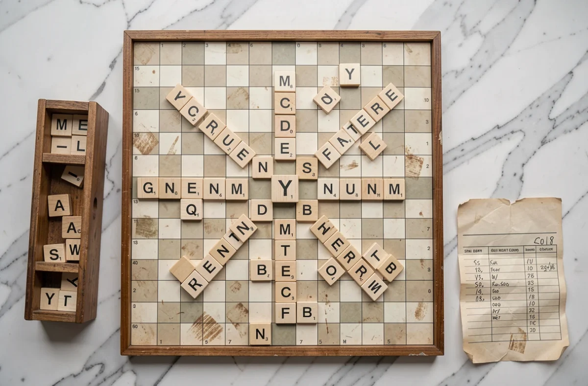 Vue aérienne d'un plateau de Scrabble avec la lettre Y formant un mot gagnant et une feuille de score manuscrite