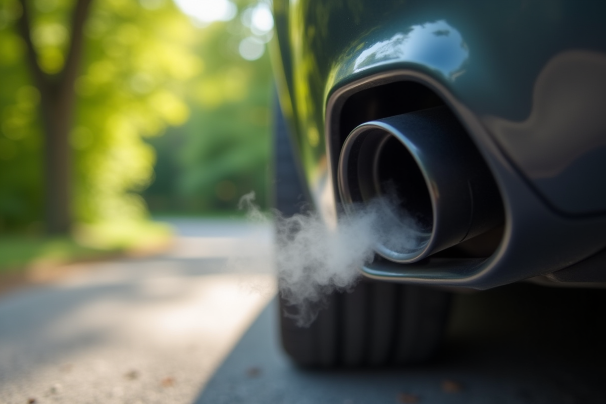 Gros plan sur un pot d échappement avec fumée noire en plein jour