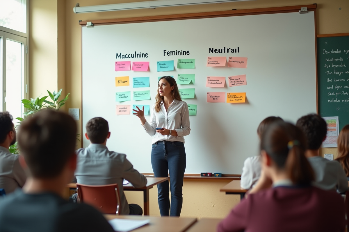 Professeur dans une salle ensoleillee avec tableau sur le genre des noms