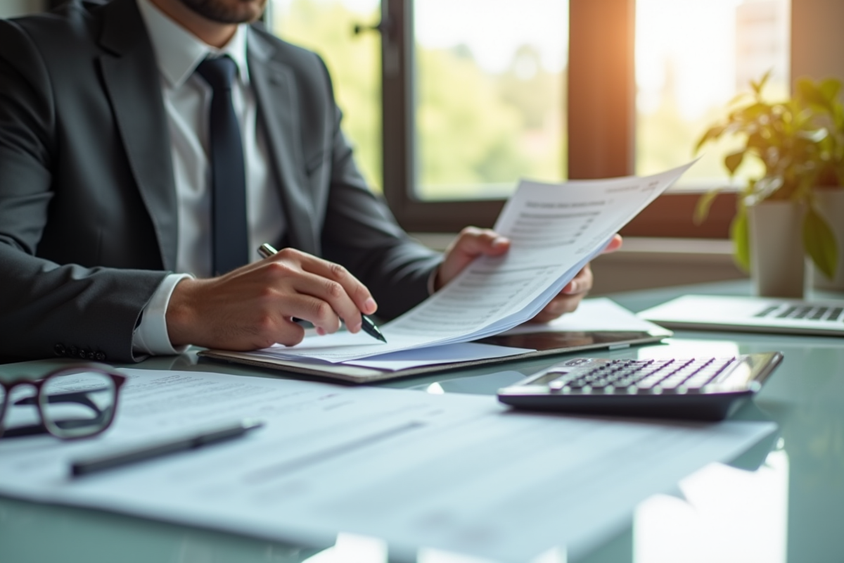 Professionnel examinent des documents fiscaux en bureau lumineux