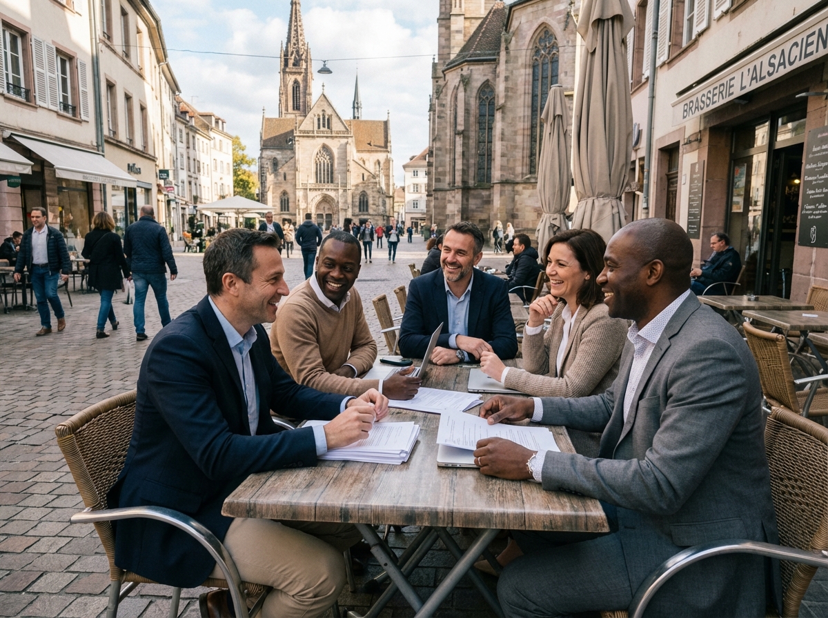 Professionnels en discussion dans un café à Mulhouse