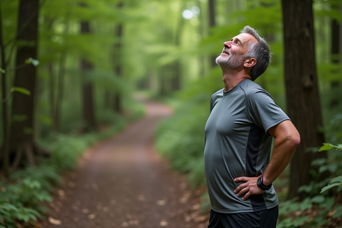 Homme en jogging dans la forêt au lever du soleil
