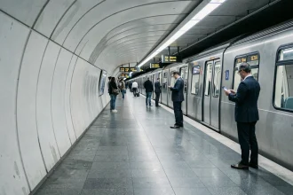 Quai de la ligne 14 du métro parisien avec train automatique et voyageurs en attente